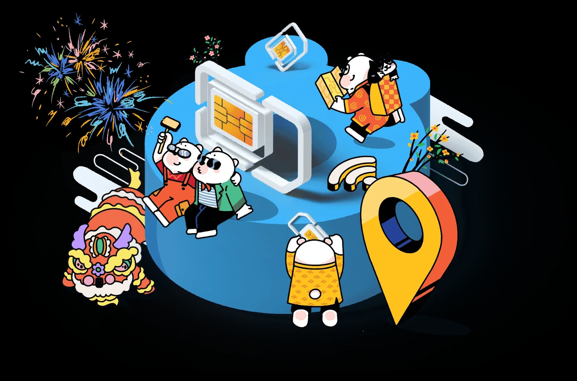 Travelers using smartphone with country flags